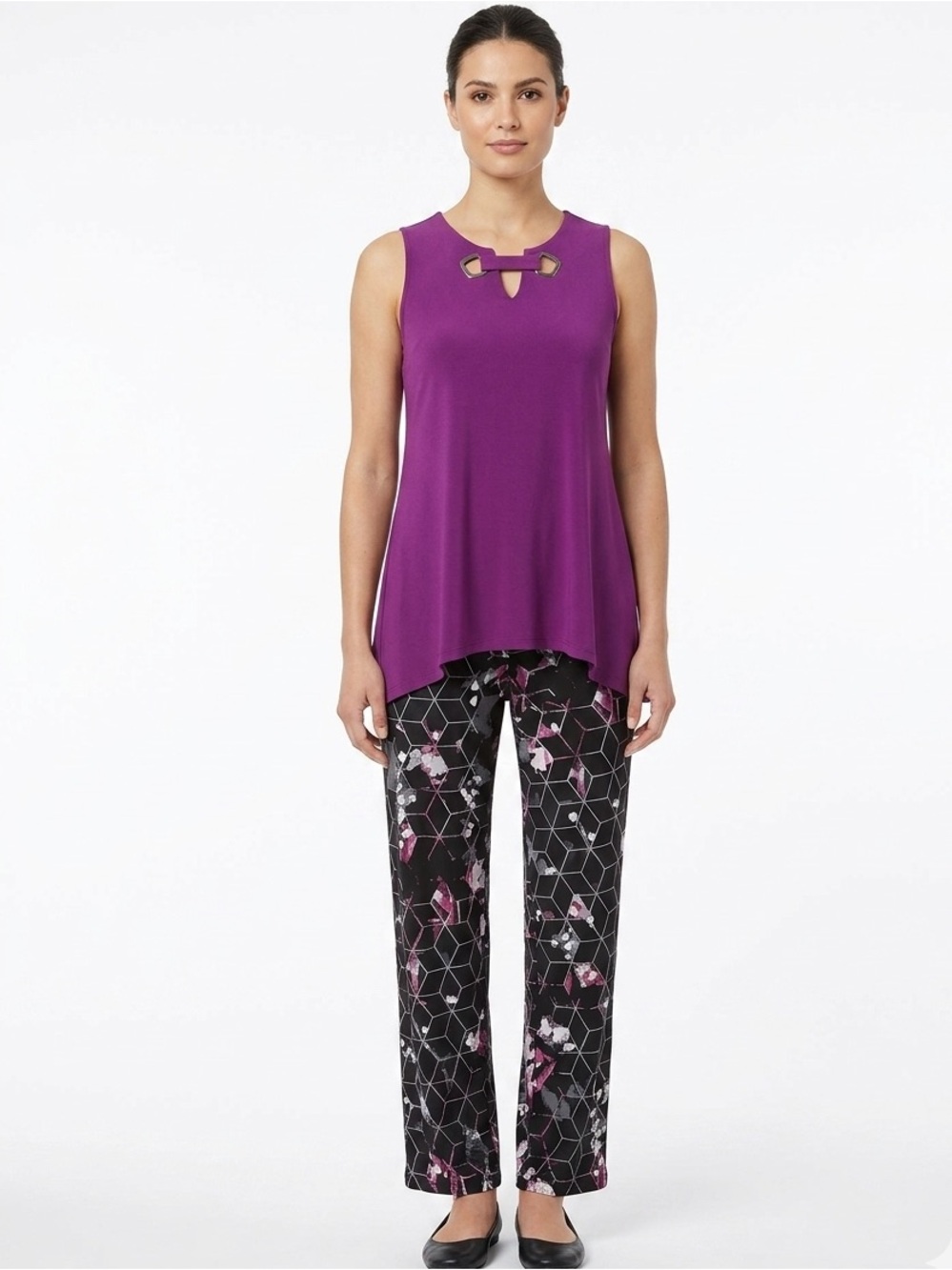 ALFANI 2p Split Neck Tunic Top & Kaleidoscope Bloom Print Pants Berry $130 EUC